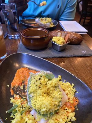 Stuffed Avocado and Rutabaga Fondue with a soft pretzel  at Vedge in Philadelphia