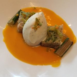 zucchini blondie with rosemary ice cream and squash blossom gazpacho at Vedge in Philadelphia