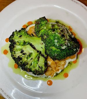 Pastrami-spiced broccoli steak with smoked white bean salad, kohlrabi, horseradish, and sorrel  at Vedge in Philadelphia