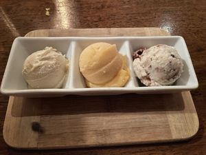 Ice cream L-R: Banana Curry, Peach Chipotle, Pecan Praline  at Vedge in Philadelphia