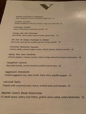 Menu  at Vedge in Philadelphia