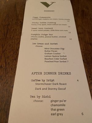 Dessert Menu  at Vedge in Philadelphia