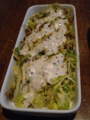 SHAVED BRUSSELS SPROUTS - shaved and grilled, smoked grain mustard at Vedge in Philadelphia