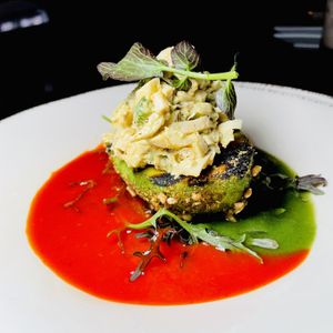 GRILLED AVOCADO with hearts of palm, aguachile and chile rojo sauces  at Vedge in Philadelphia