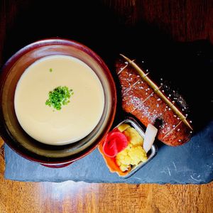 RUTABAGA fondue with today’s soft pretzel and yesterday’s pickles  at Vedge in Philadelphia