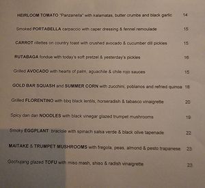 Dinner Menu July 2023 at Vedge in Philadelphia