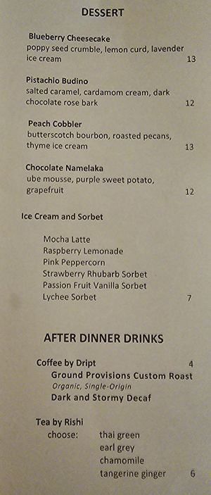 Dessert Menu July 2023 at Vedge in Philadelphia