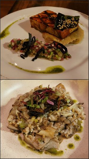Course 3: the Gochujang Glazed Tofu and the Maitake/Trumpet Mushroom Farro Pilaf. at Vedge in Philadelphia