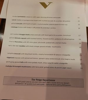 Food Menu at Vedge in Philadelphia