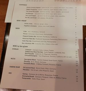 Drinks Menu at Vedge in Philadelphia