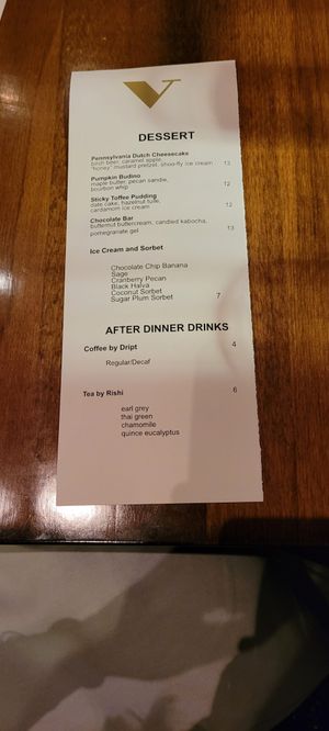 Dessert Menu at Vedge in Philadelphia
