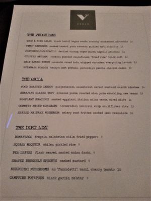 Vedge menu, December 2016. at Vedge in Philadelphia