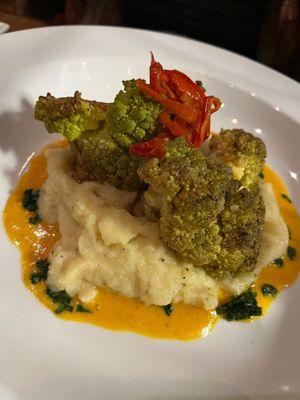 Seared Romanesco Steak with whipped celery root, saffron butter, fried peppers and persillade at Vedge in Philadelphia