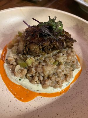 Roasted Maitake Mushroom with farro hoppin john, creamy horseradish and tabasco vinaigrette at Vedge in Philadelphia