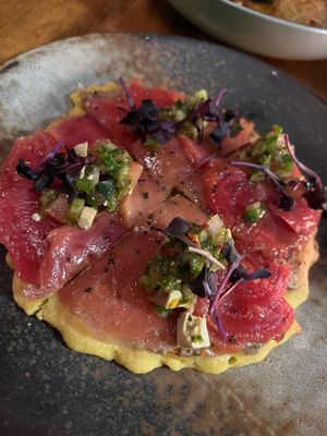 Arepa Pancake with Salt Roasted Chioggia Beets, whipped black garlic & cucumber chimichurri at Vedge in Philadelphia