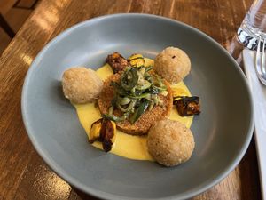 Hominy Fritters & Charred Delicata Squash  at Vedge in Philadelphia
