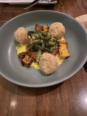 Delicata squash, refried quinoa, hominy fritters   at Vedge in Philadelphia