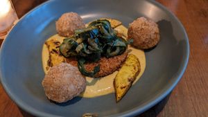 Charred Yellow Squash & Hominy Fritters at Vedge in Philadelphia