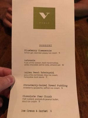 Menu at Vedge in Philadelphia