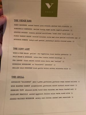 Menu at Vedge in Philadelphia