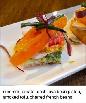 summer tomato toast, fava bean pistou, smoked tofu, charred french beans  at Vedge in Philadelphia