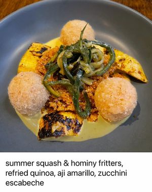 summer squash & hominy fritters, refried quinoa, aji amarillo, zucchini
escabeche  at Vedge in Philadelphia