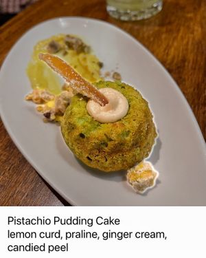 Pistachio Pudding Cake lemon curd, praline, ginger cream,
candied peel  at Vedge in Philadelphia