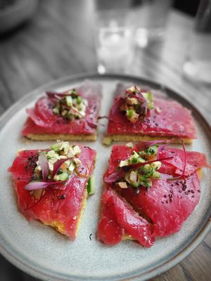 Beet root over pancakees  at Vedge in Philadelphia