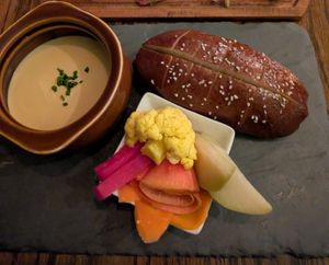 Rutabaga Fondue w/ soft pretzel and pickled veggies at Vedge in Philadelphia