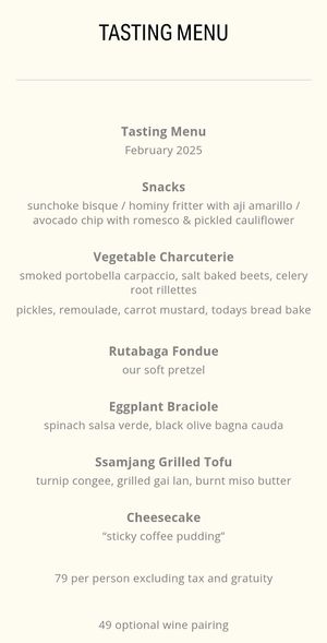 Tasting menu - February 2025 at Vedge in Philadelphia
