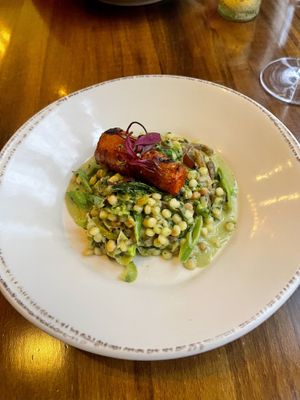 Winter meets spring- yellow foot chanterelles, peas and carrots, melted leeks, fregola, spring garlic pistou  at Vedge in Philadelphia