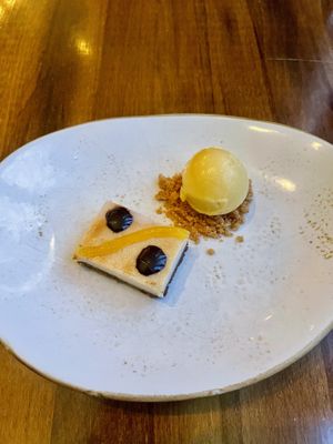 Passionfruit sorbet on top of a graham cracker crumble with cheesecake  at Vedge in Philadelphia