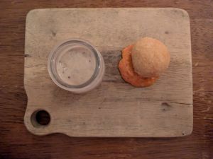 Truffles sunchoke bisque & crisp hominy fritter, chestnut romesco at Vedge in Philadelphia