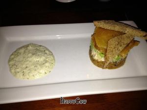 salt roasted gold beets, avocado, smoked tofu, rye, capers and creamy cucumber at Vedge in Philadelphia