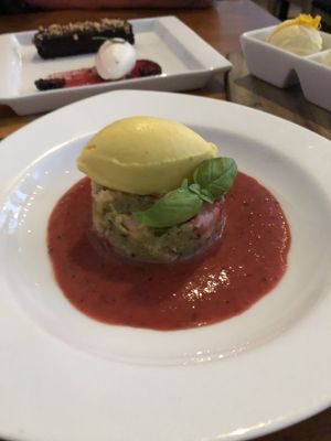 Strawberry bread pudding with strawberry gazpacho and saffron ice cream at Vedge in Philadelphia