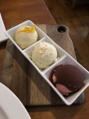 Ice cream/sorbet L to R- creamsicle, piña colada, chocolate covered strawberry at Vedge in Philadelphia