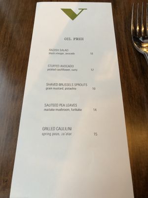 No oil vegan menu - heaven on earth.  at Vedge in Philadelphia