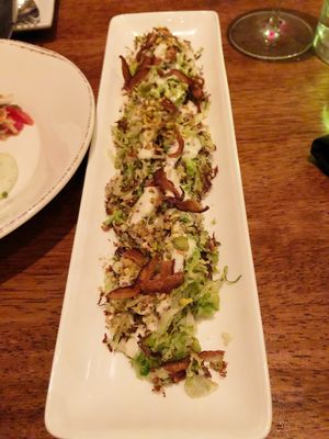 Shaved brussels sprouts with smoked mustard, crispy shiitake, and pistachios at Vedge in Philadelphia