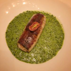 Eggplant bracciole: smoked eggplant, preserved lemon salsa verde and cured olive  at Vedge in Philadelphia