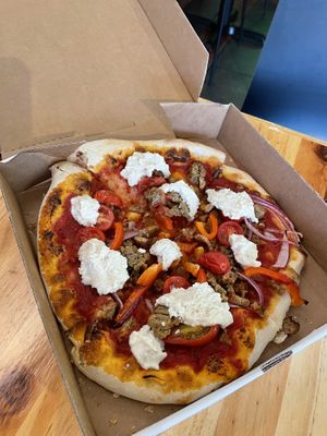 BYO Pizza with Cashew Ricotta, Veggies, & Vegan Sausage   at Plant Craft Kitchen in St Louis