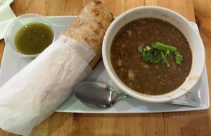 crispy jackfruit burrito + lentil soup!  at Plant Craft Kitchen in St Louis