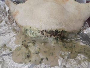 bad, seemingly microwaved spinach roll at Mamouns Falafel in New Haven