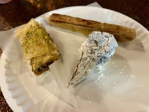 pistachio baklava, lady finger, turkish delight — all vegan!  at Mamouns Falafel in New Haven