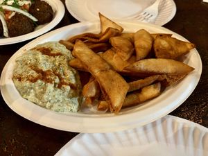 parsley-forward baba ganoush with pita chips.  at Mamouns Falafel in New Haven