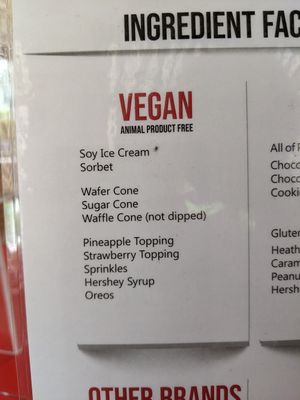 Vegan menu at Purity Ice Cream in Ithaca