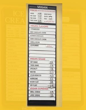 Wall vegan menu board at Purity Ice Cream in Ithaca