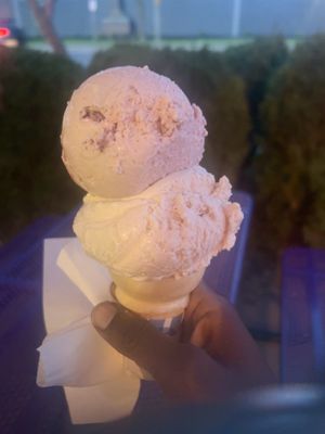 Two scoop Vegan Strawberry and Vegan Vanilla Bean  at Purity Ice Cream in Ithaca