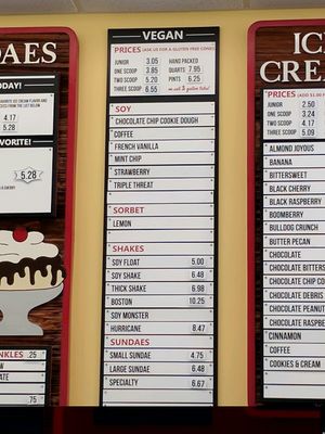 vegan menu at Purity as of 9/23/17 at Purity Ice Cream in Ithaca