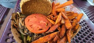 Vegan Black Bean Burger: Whole Wheat Roll, Grilled Bell Peppers, Mushrooms, Onions, Jalapeno, Tomatoes, Lettuce, Avocado, Sweet Potato Fries at Purity Ice Cream in Ithaca