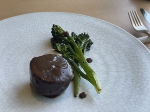 Plant-based hamburg steak with black garlic demi-glace sauce  at Forest Kitchen 포리스트 키친 in Seoul